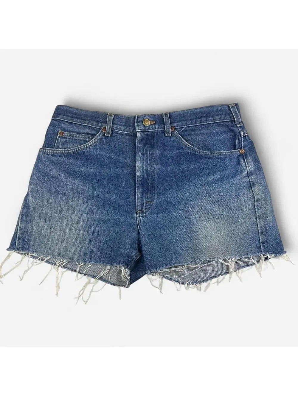 Blue denim shorts vintage dark wash with frayed hem